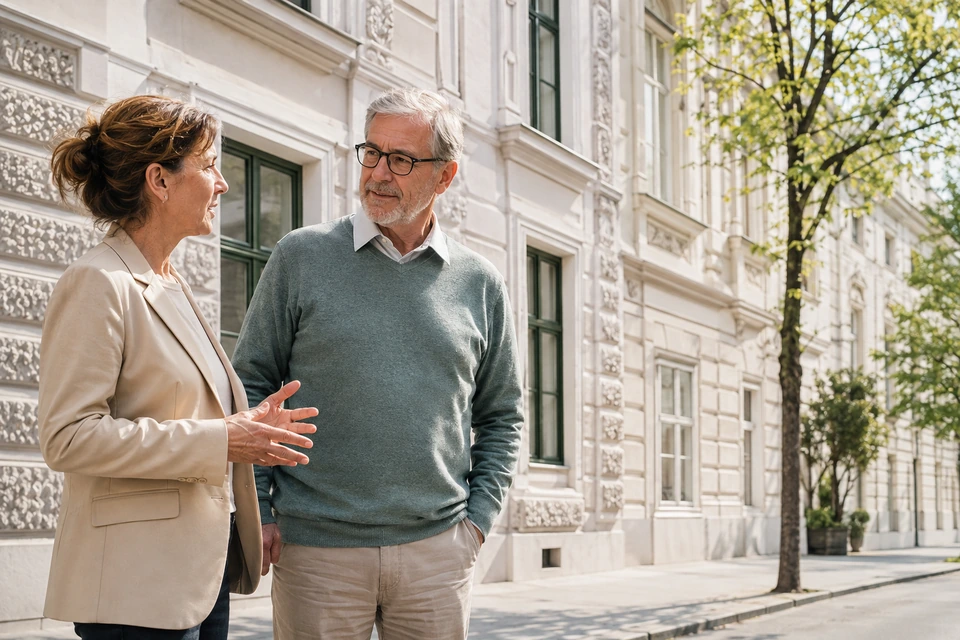 Symbolischer Immobilienkontakt vor einem Wiener Gründerzeithaus