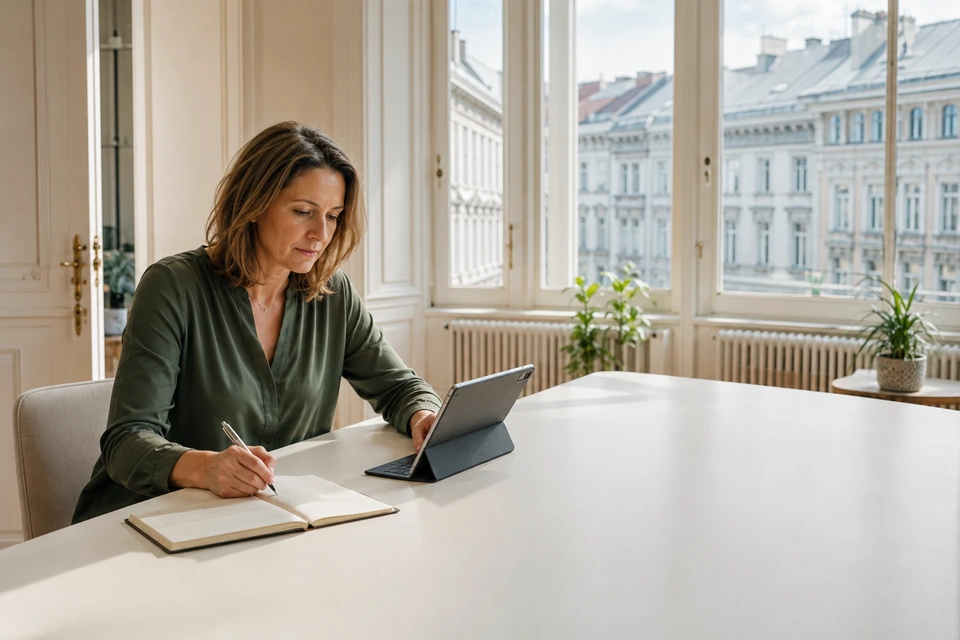 Symbolische Vorbereitung eines Immobilientermins in einer Wiener Wohnung